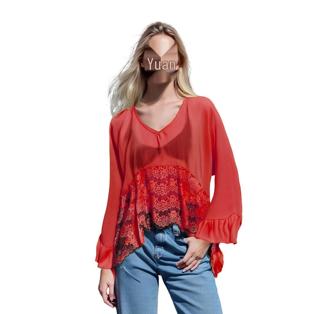 Women's Batwing Sleeve Mesh Cover-up: Spring/Summer Loose Beach Top with Lace Patchwork and Sun Protection.