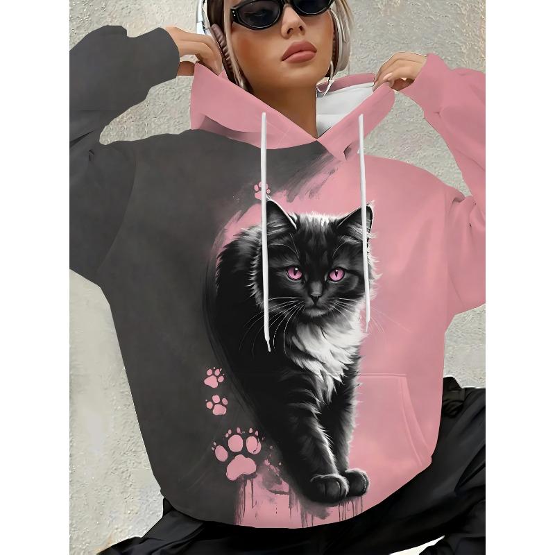 Women's Casual Hooded Sweatshirt with Pockets, Cute Cat Print, Pink Graffiti Background, Everyday Relaxed Fit