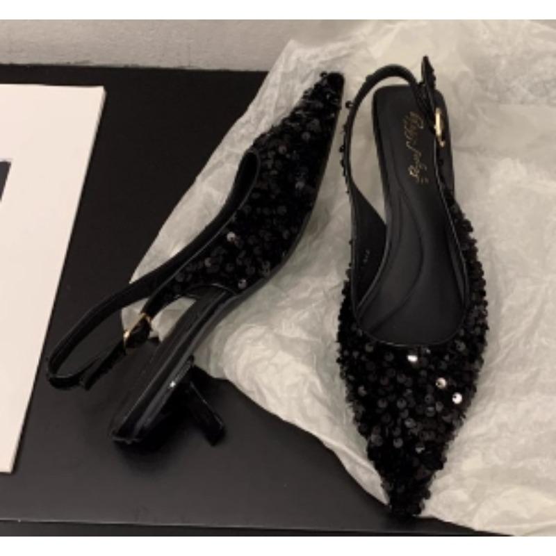 

New Style Luxury French Pointed Sandals Burgundy Patent Crisscross Straps Metal Decor Slim Heels Open-Back Fairy Sandals 40 чёрный