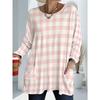 Women's Plus Size Pink Plaid Long Sleeve Loose Top with Pocket, Women's Versatile Casual T-Shirt