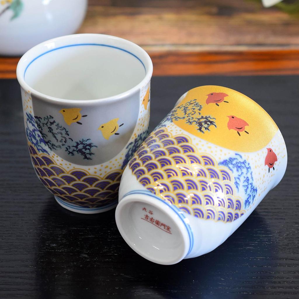 Waza No Kura Stylish Pair of Kutani Ware Teacups with Wave and Chidori Made In Perfect Gift for Wedding 60th 70th 77th 80th and 88th Birthdays