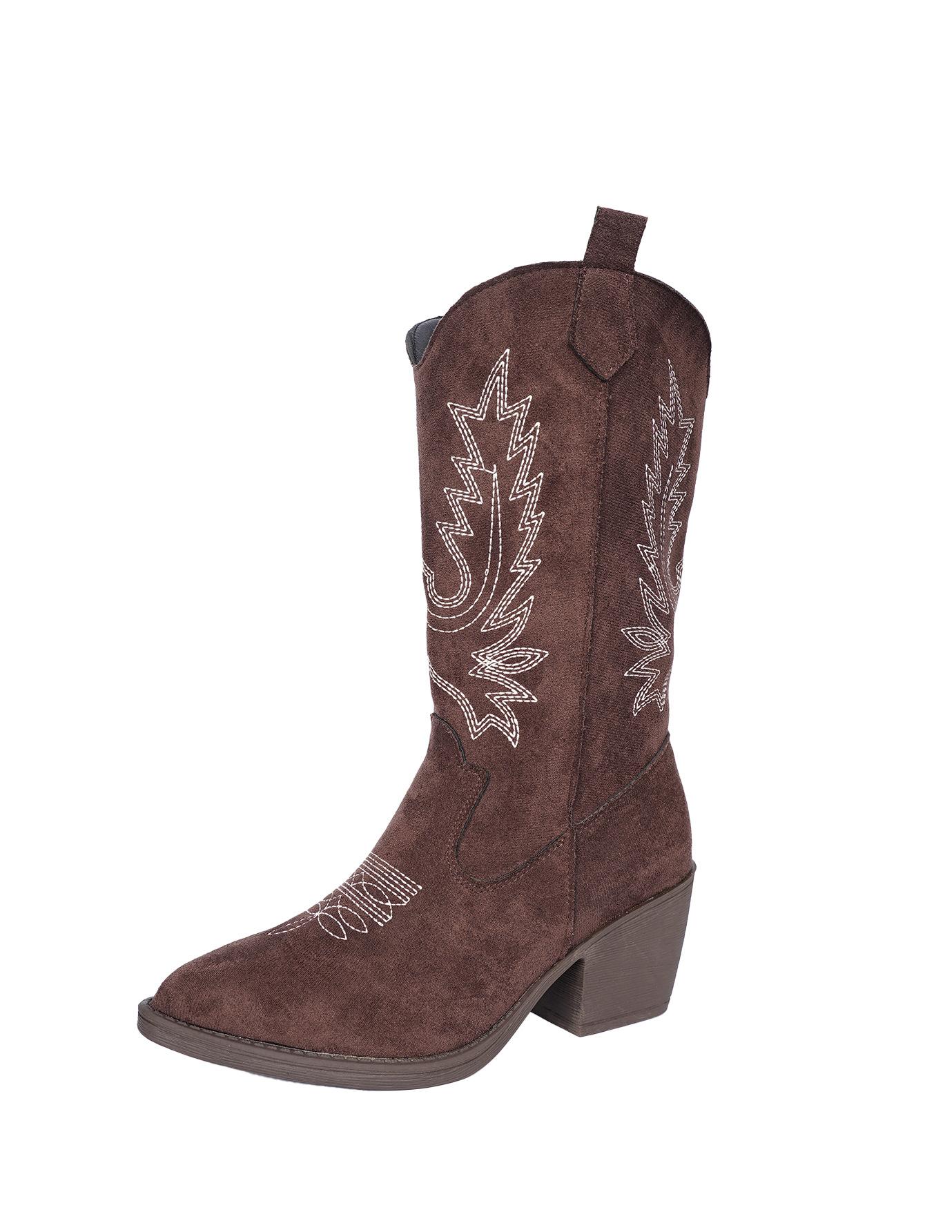 

Прямая поставка ковбойских сапог с V-образным вырезом, женские сапоги на среднем каблуке с острым носком, рыцарские сапоги большого размера, кожаные сапоги 38 темно-коричневого