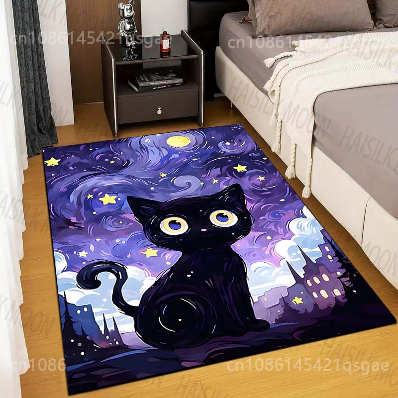 Multiple Sizes Black Cat Starry Sky Print Carpet Rug for Living Room Bedroom Sofa Doormat Home Decor Non-slip Floor Mat