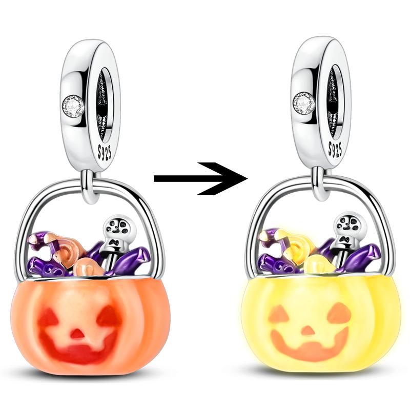 New Halloween Charm Emit Light Bead Copper Pumpkin Witch Skull Charm Fit Bracelet Pendant Women Jewelry Making