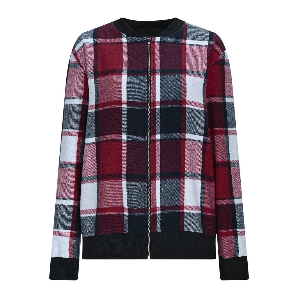 New Autumn Winter Women's Plaid Print Jacket, Long Sleeve Zipped Casual Coat, Loose Fit Outwear for Daily Streetwear