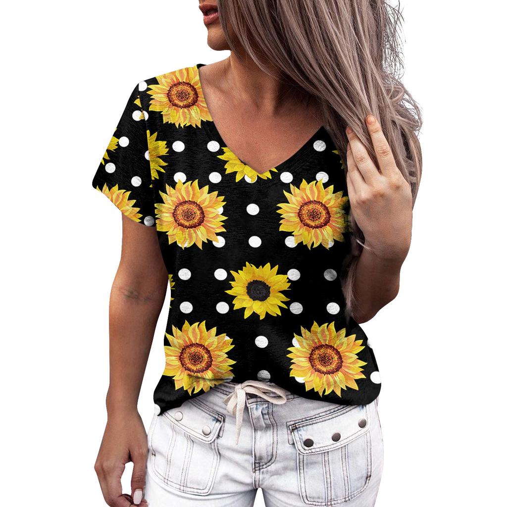 Summer Women Floral Print V Neck Short Sleeve Loose 3D T Shirt