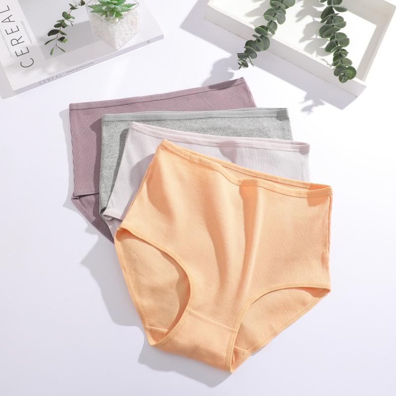 3Pcs Women Cotton High Waist Underwear Breathable Striped Panties Female Plus Size Solid Color Briefs Comfortable Lingerie S-XXL