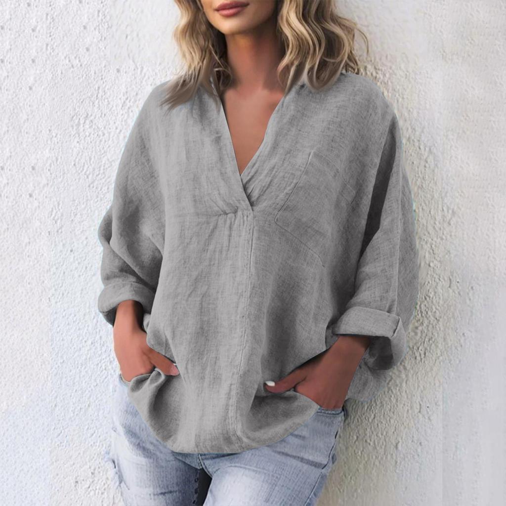 Women's Fashion Casual Cotton Linen V-Neck Long Sleeve Pullover Top