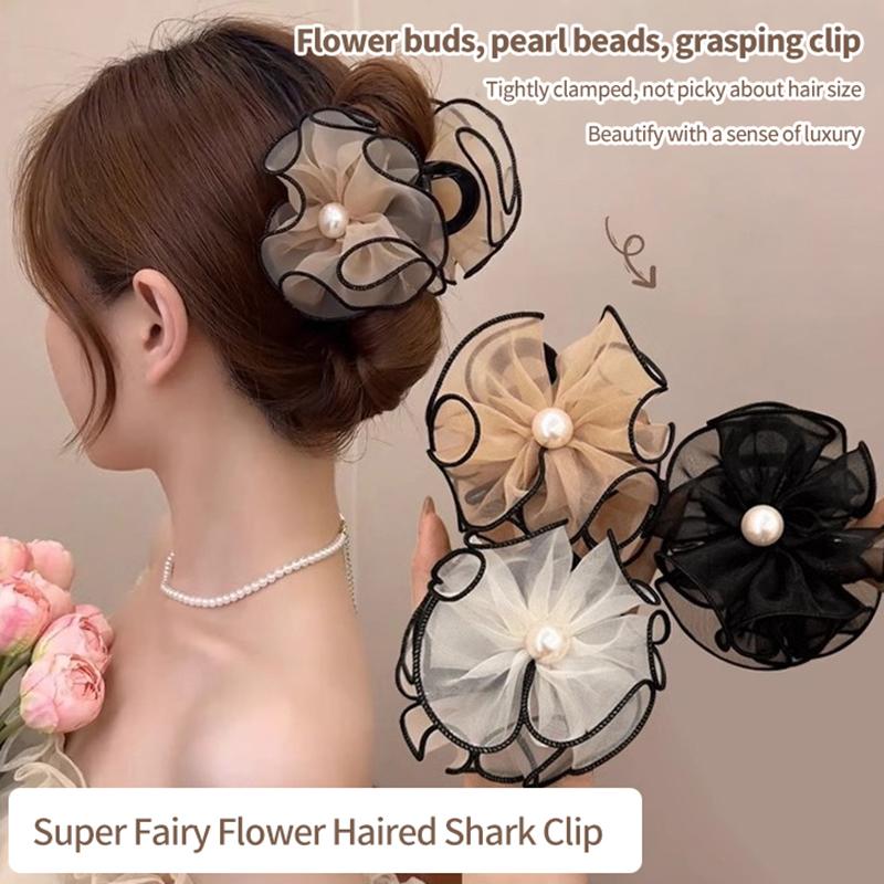 Velká síťovaná květina perlová vlasová spona pro ženy dívky temperament elegantní žraločí klip pokročilý smysl vlasové doplňky dárky