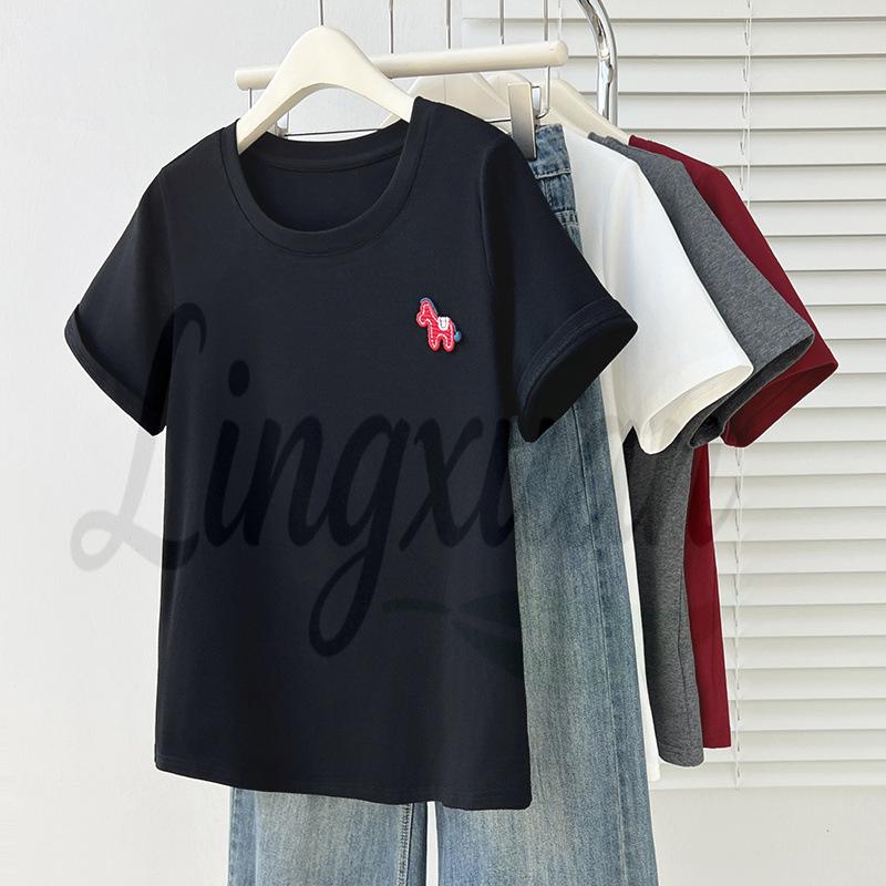 Summer 2026 Plus Size Women s Red Pony Patch Casual T-Shirt XL Plus чёрный