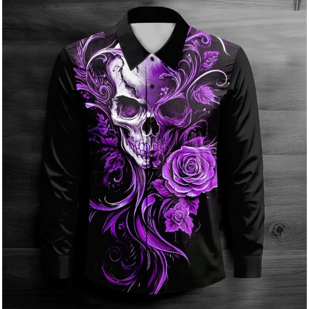 Men's Halloween Skeleton Printed Long Sleeve Shirts Casual Cardigan New Button Holiday Fashion Shirts
