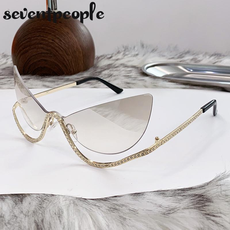 Sexy Cat Eye Punk Rimless Sunglasses Women  Luxury Brand Vintage Metal Frame Rhinestone Sun Glasses For Lady Eyewear UV400