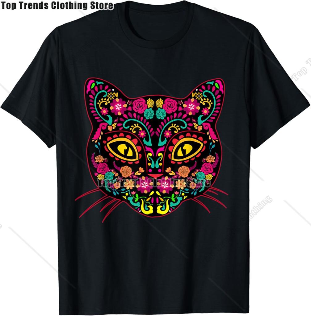 Cute Sugar Skull Cat Dia De Los Muertos Day of The Dead TShirt Mexican Summer Fashion Short Sleeved Tee TopsCasual Tshirt