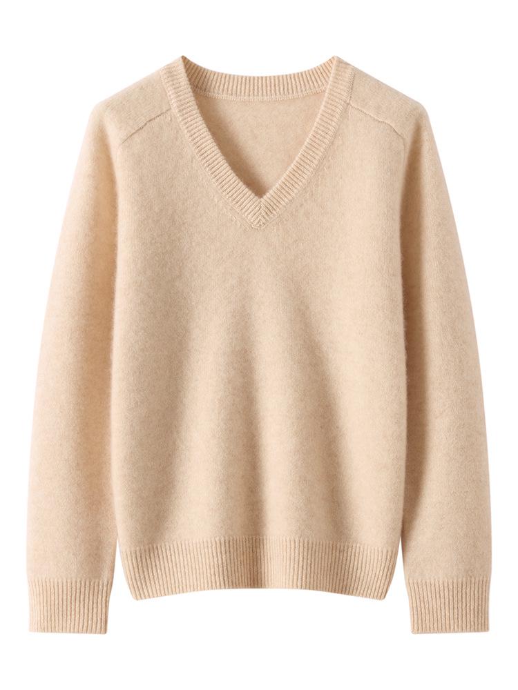 Women's V-Neck Loose Knit Cashmere Sweater - Autumn/Winter Style, Thick Long Sleeve, Slimming and Fashionable