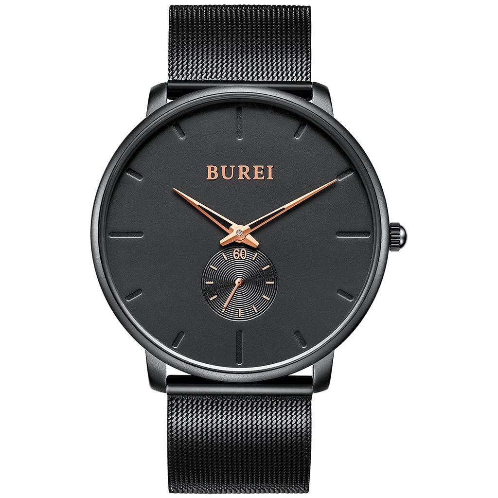 BUREI Men's Black Watch, Simple, Stylish, Popular, Waterproof, Men's Watch (Black-Rose Gold Hands, Stainless Steel)