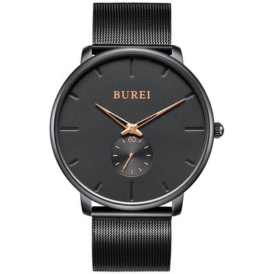 BUREI Herren Schwarz Uhr, Einfach, Stilvoll, Beliebt, Wasserdicht, Herrenuhr (Schwarz-Roségoldene Zeiger, Edelstahl)