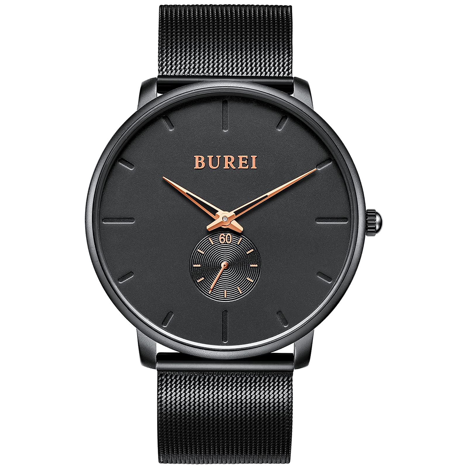 

BUREI Black Watch Gold Stainless Men s Watch, Simple, Stylish, Popular, Waterproof, Men s (Black-Rose Hands, Steel)