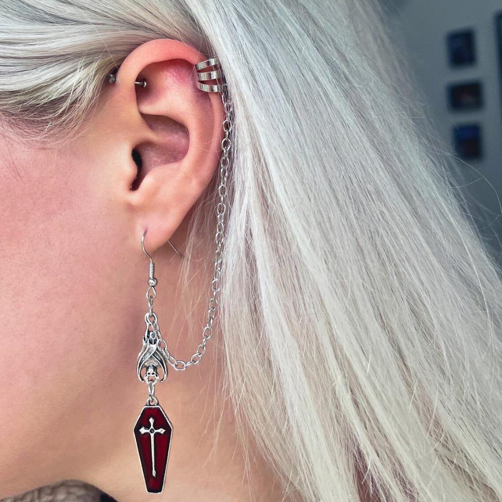 Gothic Sliver Color Bat Red Drip Glaze Coffin Shape Cross Relief Pendant Dangle Earrings Connect Ear Bone Clip for Women Jewelry