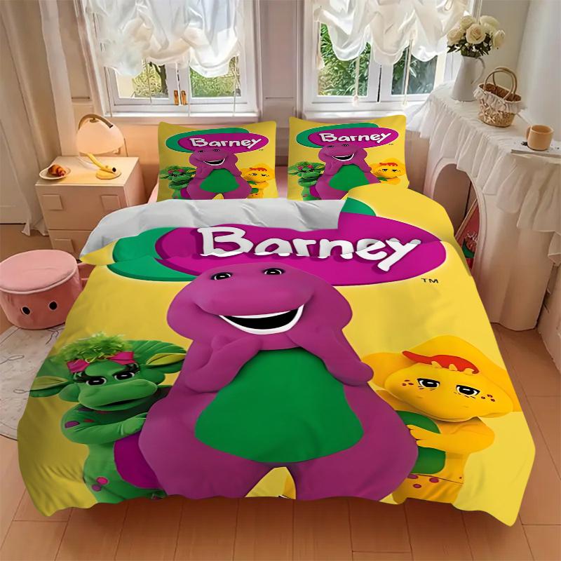 3pcs Barney & Friends Purple Dinosaur Family Home Bedding Set-Universal Three-Piece Suit for Bedroom, Guest Room, Living Room, Hotel-Perfect