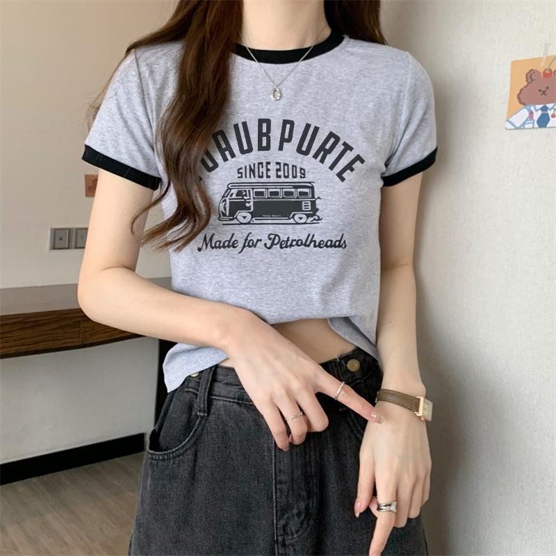 Sommer slank ung jente korte T-skjorter harajuku Enkelt bokstavtrykk Crop Tops Kvinner Uformelt kortermet T-skjorte Sports topp koreanske klær