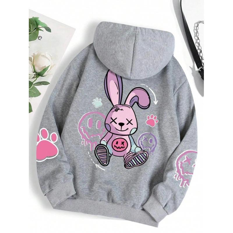 Women's Loose Cute Warm Hoodie Pink Rabbit Doll Sleeve Print Comfortable Casual Hoodie
