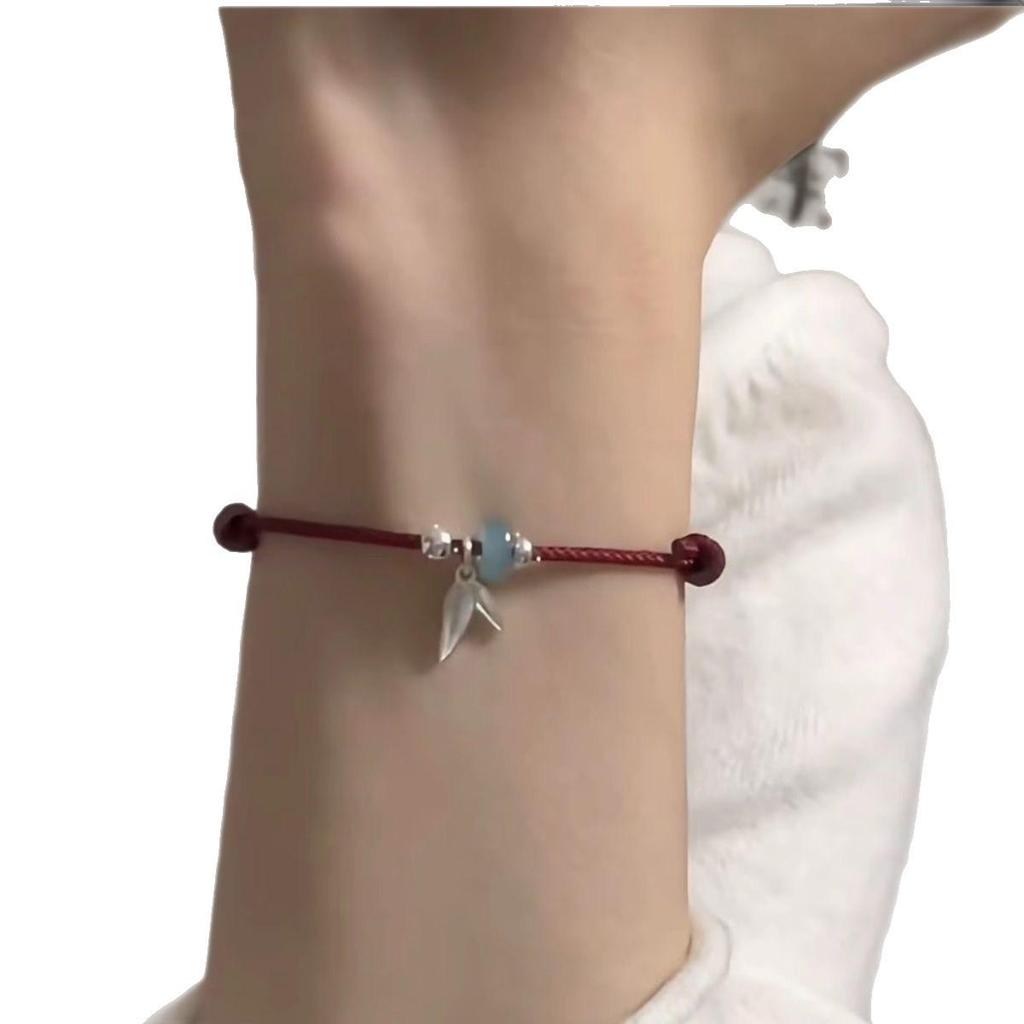 Handmade Red Rope Bracelet: Bamboo Leaf & Fish Design, Perfect for Couples or Best Friends