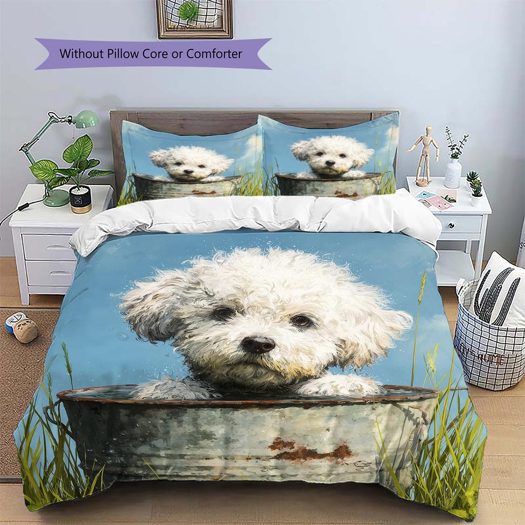 Cute Bichon Pattern Bedding Home Decoration Birthday Gift (1 * duvet cover + 2 * pillowcase, without core)