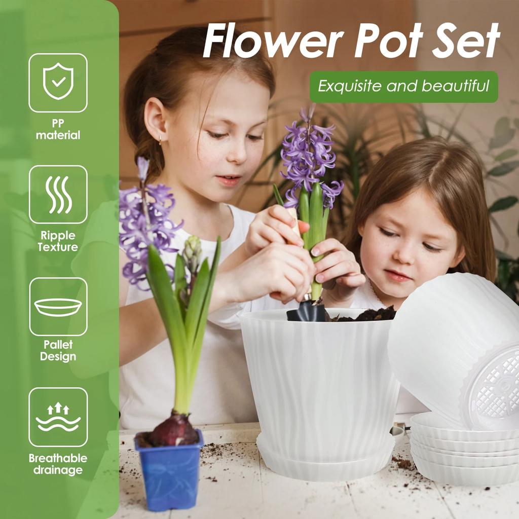 5Pcs Set Flower Pot PP Vegetation Pots with Drainage Holes and Saucers Thickened Multipurpose Succulent Pots for Indoor&Outdoor