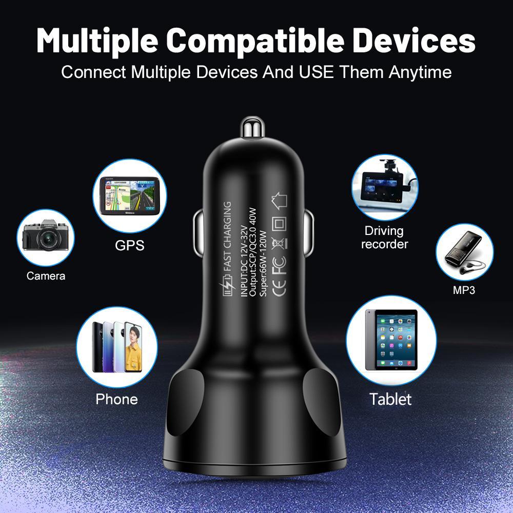 66W Car Charger QC 3.0 USB Car Charger Quick Charging Adapter 4-Port Phone Charger for IPhone Xiaomi Huawei