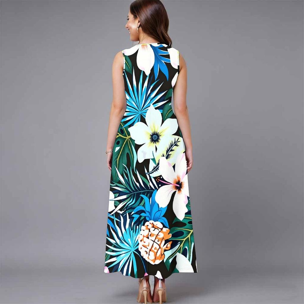 Women Plus Size Sleeveless Round Neck Dress Luxe Large Blossom Printed Flowy Calf Length Gown