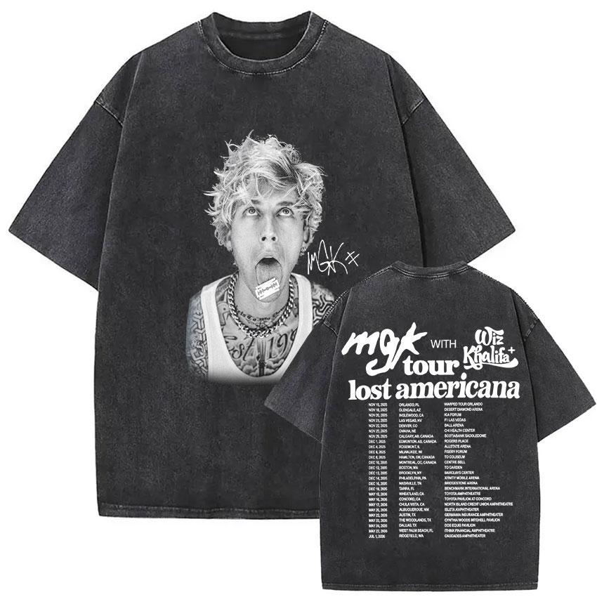 Vintage Washed MGK Lost Americana Tour  Print Tshirt Men Women Harajuku High Quality Fashion Oversized  T Shirts