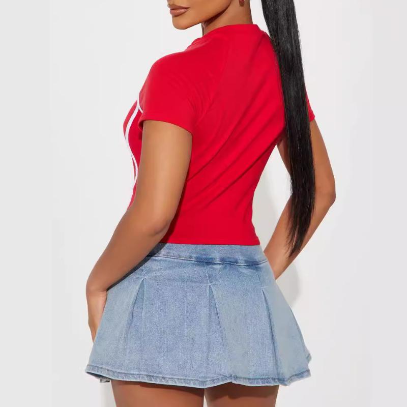 Europeisk og amerikansk dame rund hals bokstavtrykket slim fit sexy magebluse