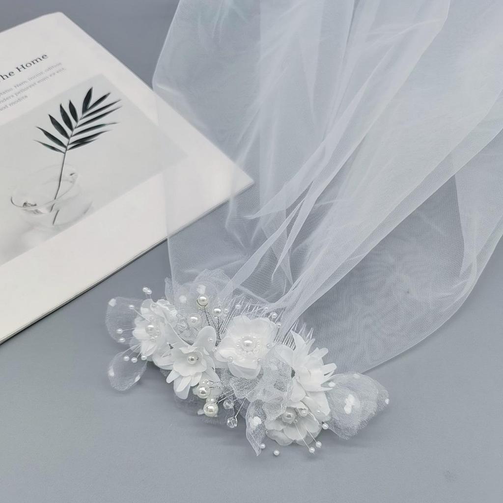 White Pearl Double Layer Veil Hair Comb - Bridal Party Flower Headdress