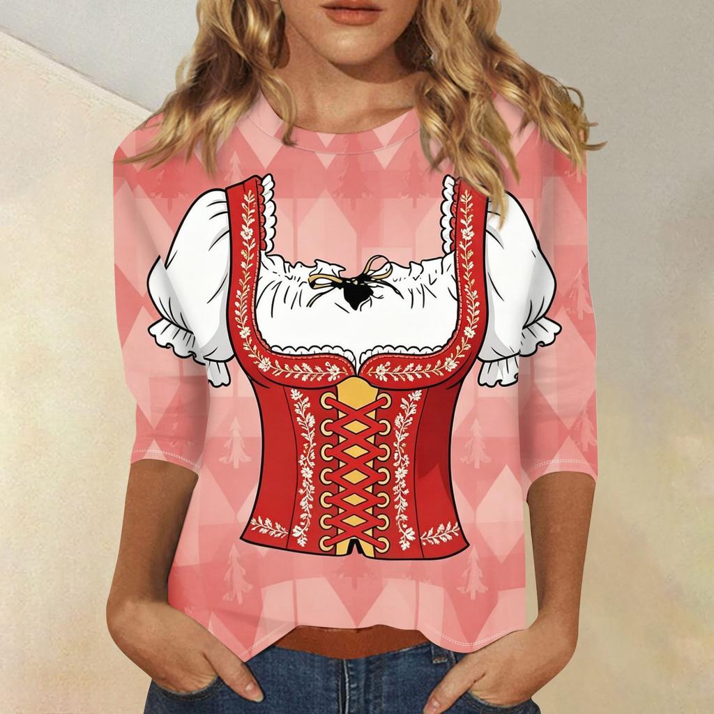 Women Casual Three Quarter Sleeve Oktoberfest Print Round Neck Shirt Lightweight Comfortable Fit Stylish Design