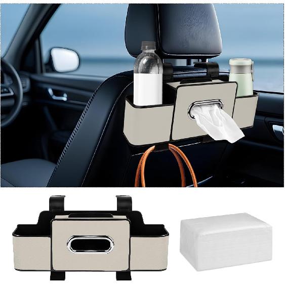 Car Back Seat Organizer with Tissue, Car Seat Back Tissue Box and Storage Hook, Multifunctional Car Organizer for Hold бежевый