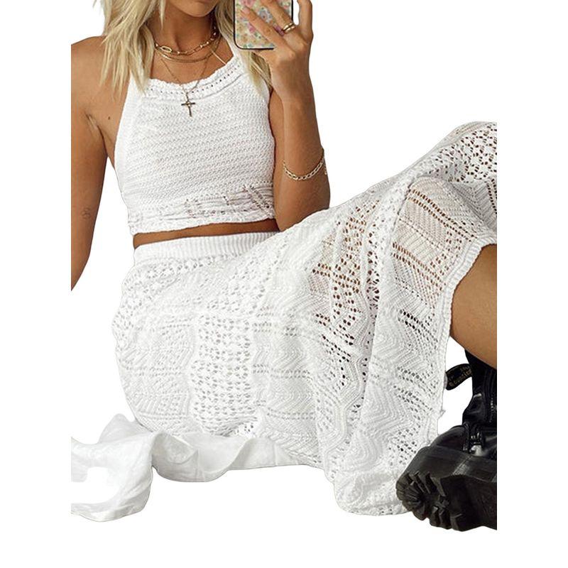 

Elsa Western Style 2025 Spring and Summer New Sexy Hollow Crochet Sling Sheath Skirt sets Two-piece Set Women White L