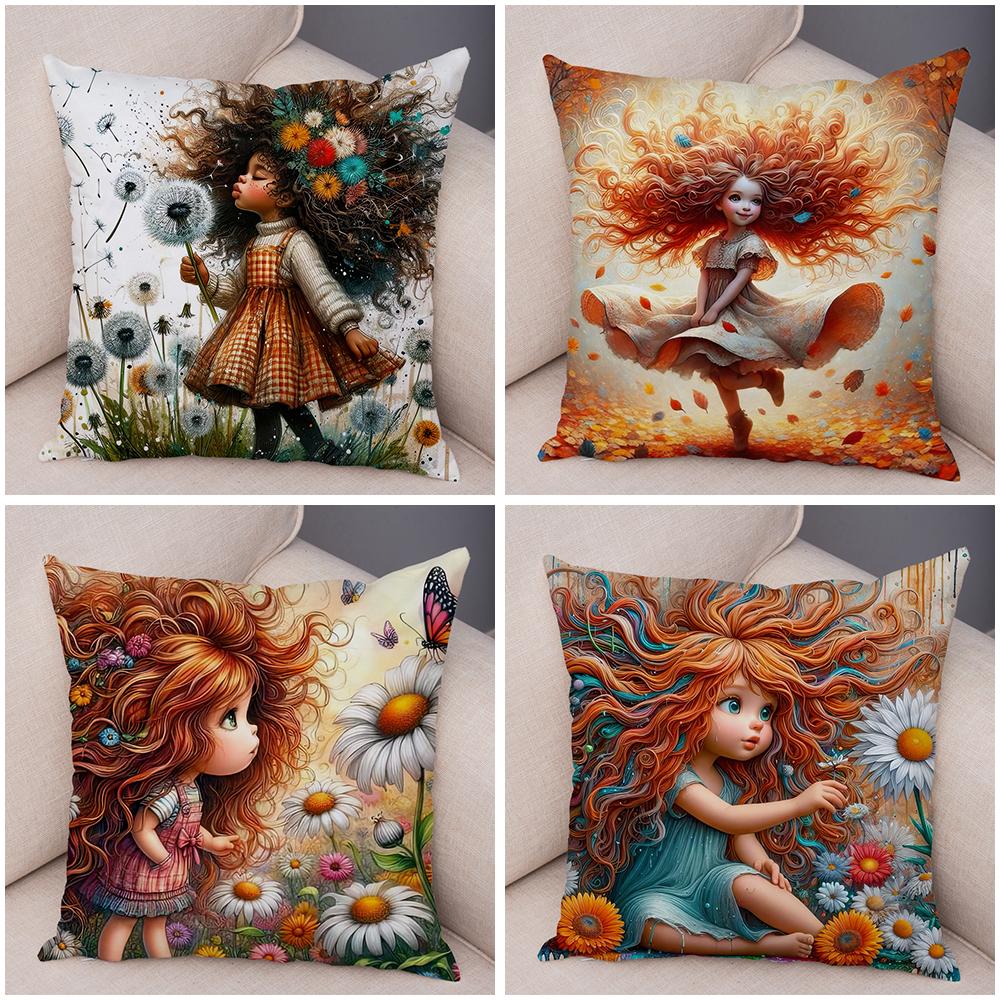 Double Print Cute Cartoon Explosive Hairstyle Cushion Cover Pillowcase Decor for Sofa Home  Super Soft Plush Pillow Case