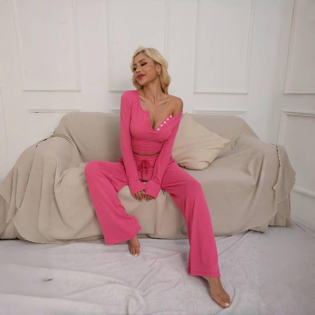 Women's Solid Color Long Sleeve Button-Up Top and Tight-Fitting Trousers Set - New Spring/Fall/Winter 2-Piece Outfit