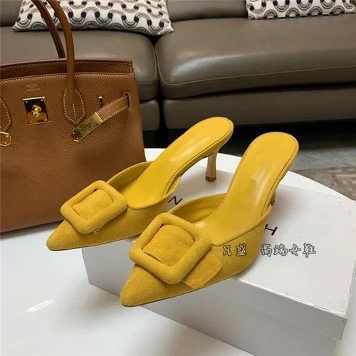 2024 New Muller Shoes Women's Shallow Mouth Pointed Toe Middle Heel Square Buckle Stiletto Baotou Women's Half Slippers