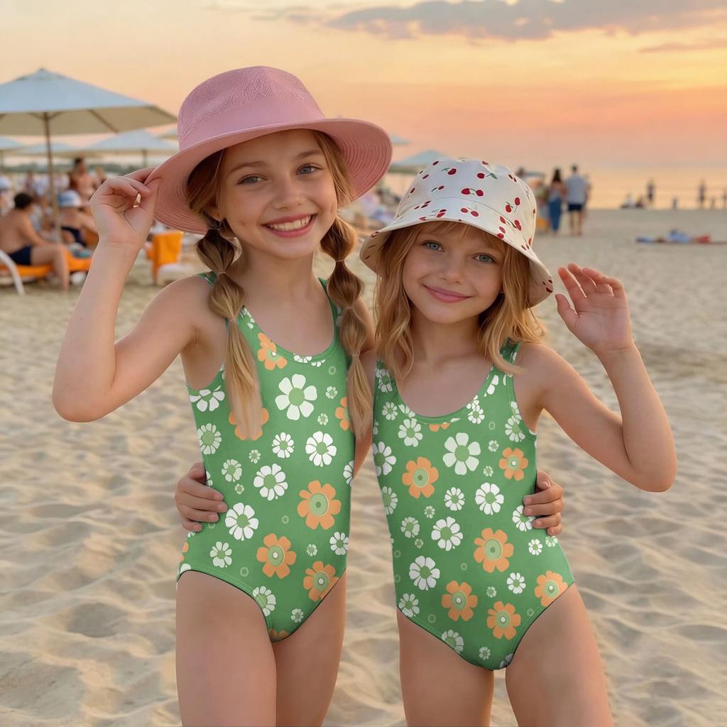 Girls Floral Print One Piece Swimsuit Summer Casual Kids Swimwear Lightweight Comfortable Fabric Suitable for Beach Pool Water Activities