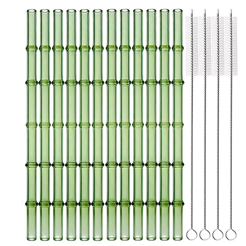 12pcs Reusable Glass Straw with Brush Bag Bamboo-shaped Straws Set Suitable for Milkshakes Juices Coffee Bar Accessories
