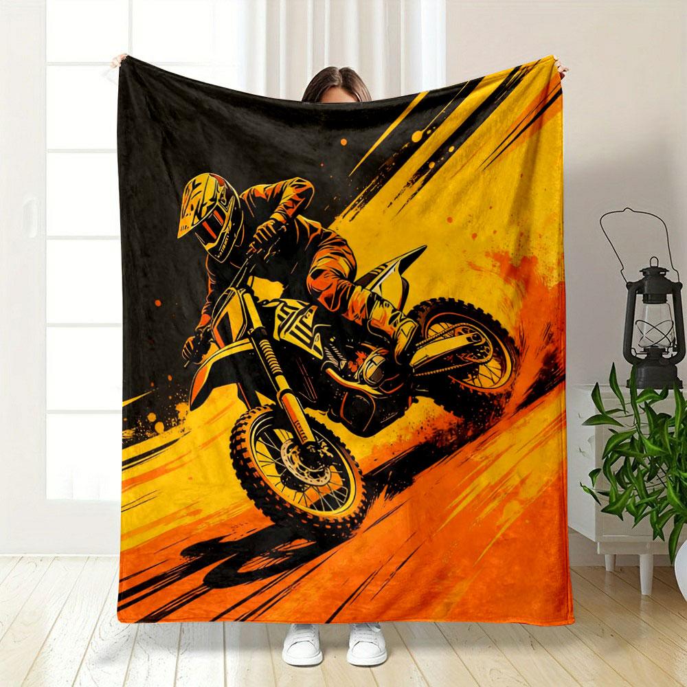 Watercolor Style Motocross Racing Print Blanket, Home Sofa Chairs Decor Blanket Motorcycle Lovers Gift Blanket Next Day Shipping
