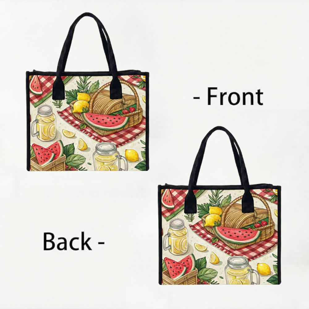 Summer Picnic Pattern Tote Bag Casual Daily Handbag Lightweight Shopping Carry Pouch for Outdoor