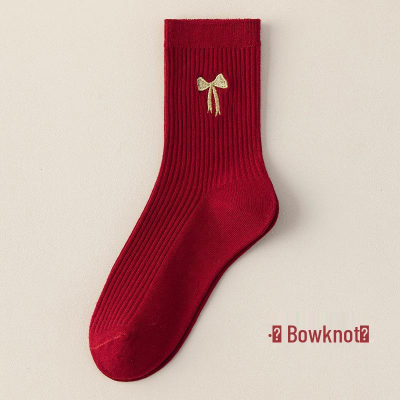 Women's Red Mid-Calf Socks with Year of Birth Embroidery - Warm and Stylish for Students