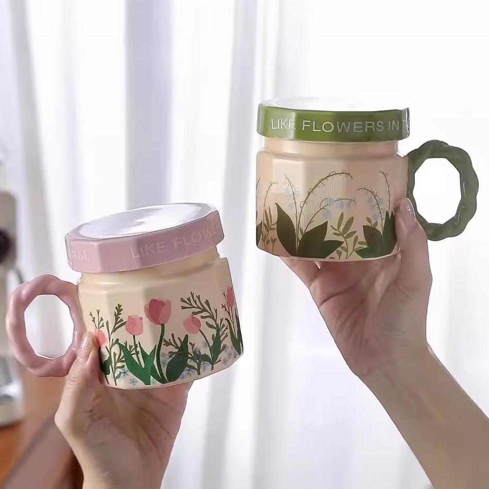 Retro Watercolor Flower Cup Ceramic Romantic Style Design Niche Coffee Mug Cover Light Luxury High End