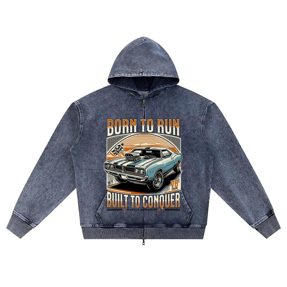 DTG Print Knitted Denim Zip-Up Hoodie Born To Run Brother Print Zipper Hoodies  