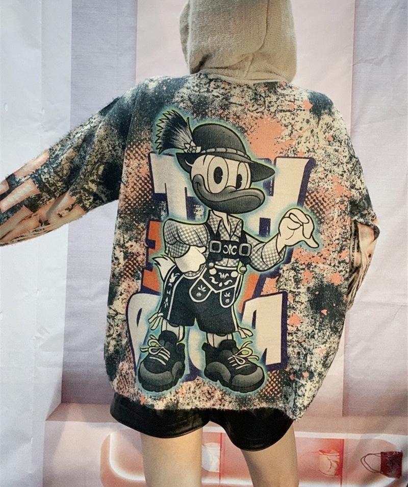 Women's Heavy-Duty Hooded Cartoon Print Sweater, Autumn/Winter 2025, Thickened Loose Knit Top in Lazy Style.