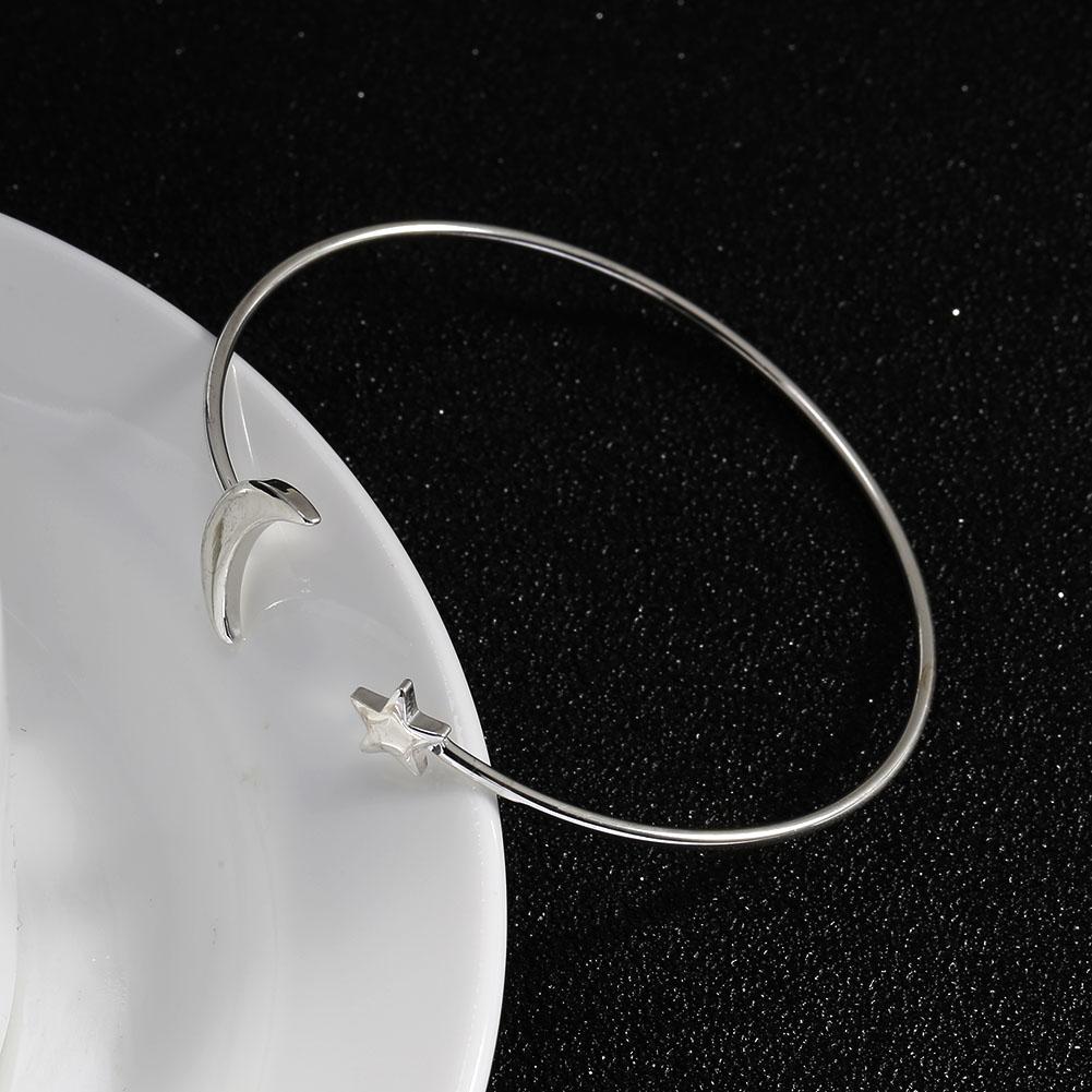 Female Open Bracelet Copper Plating Wristband Bangle with Moon Star Decoration (Silver)