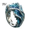 Daily Wear Finger Jewelry Resin Wave Ring for Women, Ocean Inspired Chunky Statement Ring, Non Tarnish Open Adjustable Fashion Summer Vacation Pattern
