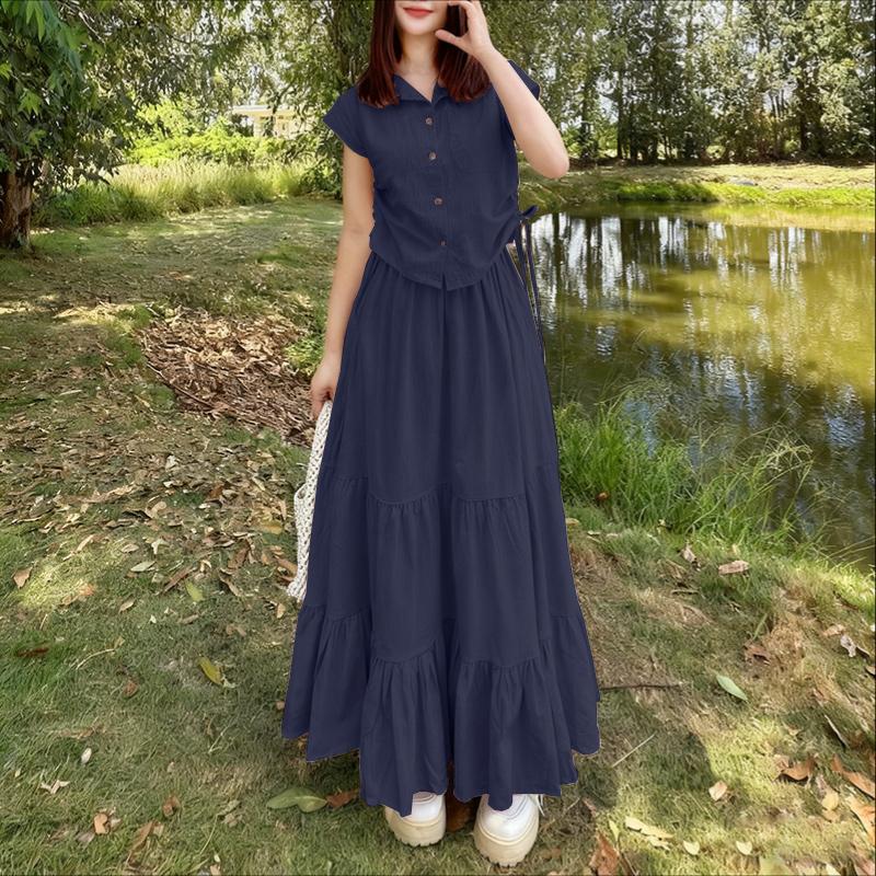 ZANZEA Women Summer Short Sleeve Blouse and Long Skirts Casual Two Piece Suit Sets